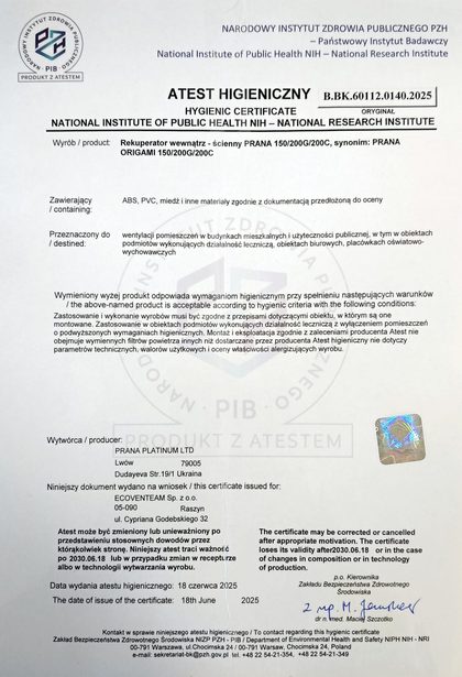 Atest higieniczny PZH dla rekuperatorów PRANA